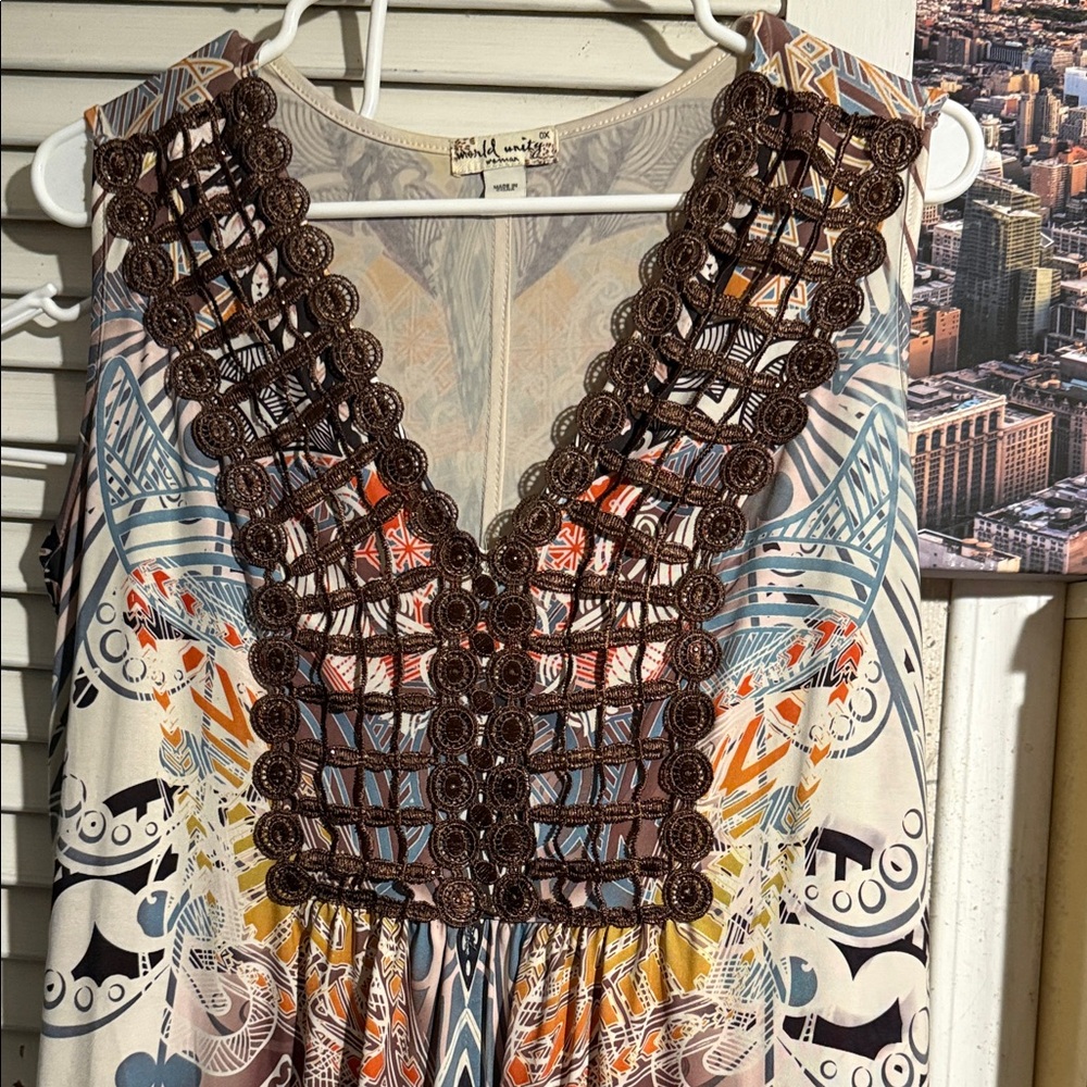 Bohemian Sleeveless Dress with Brown Crochet Detail
